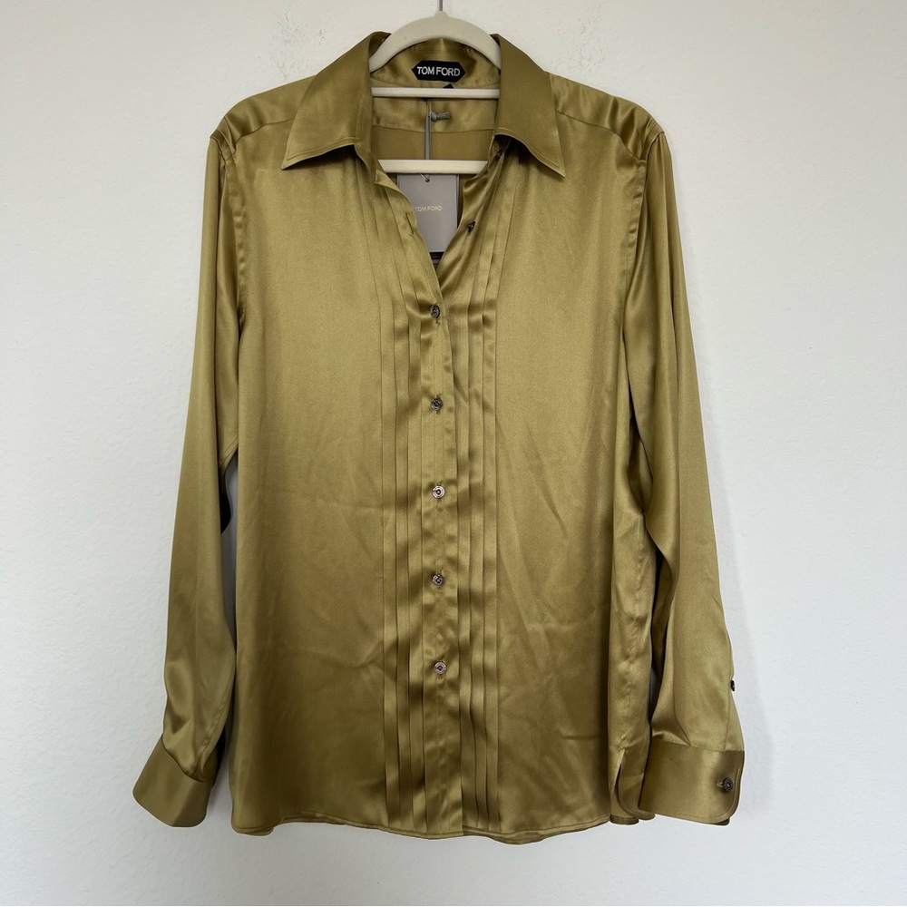 Tom Ford Fluid Fit Pleated Silk Charmeuse Button-Up Shirt in Fg710 Pale Sage NWT - Picture 5 of 13